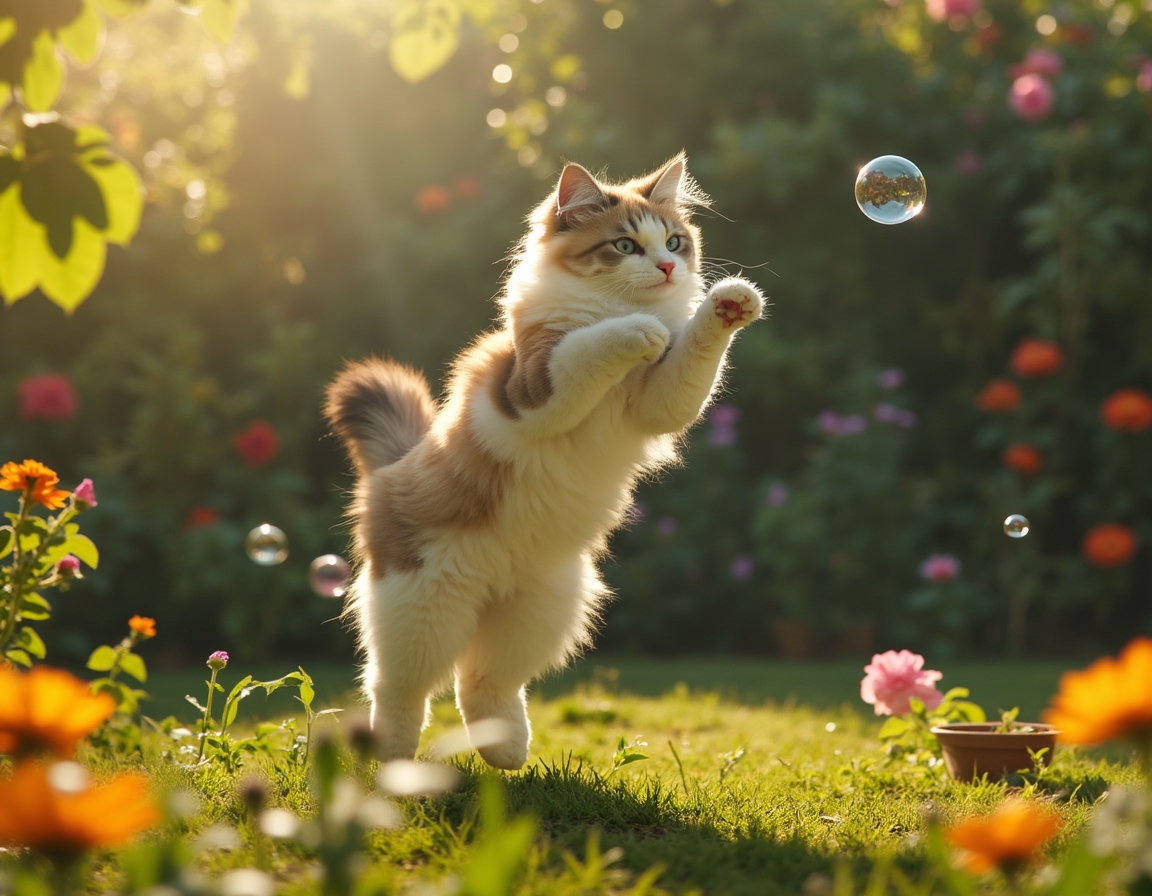 Cat leaps gracefully at a floating bubble, surrounded by a vibrant garden filled with flowers and greenery.